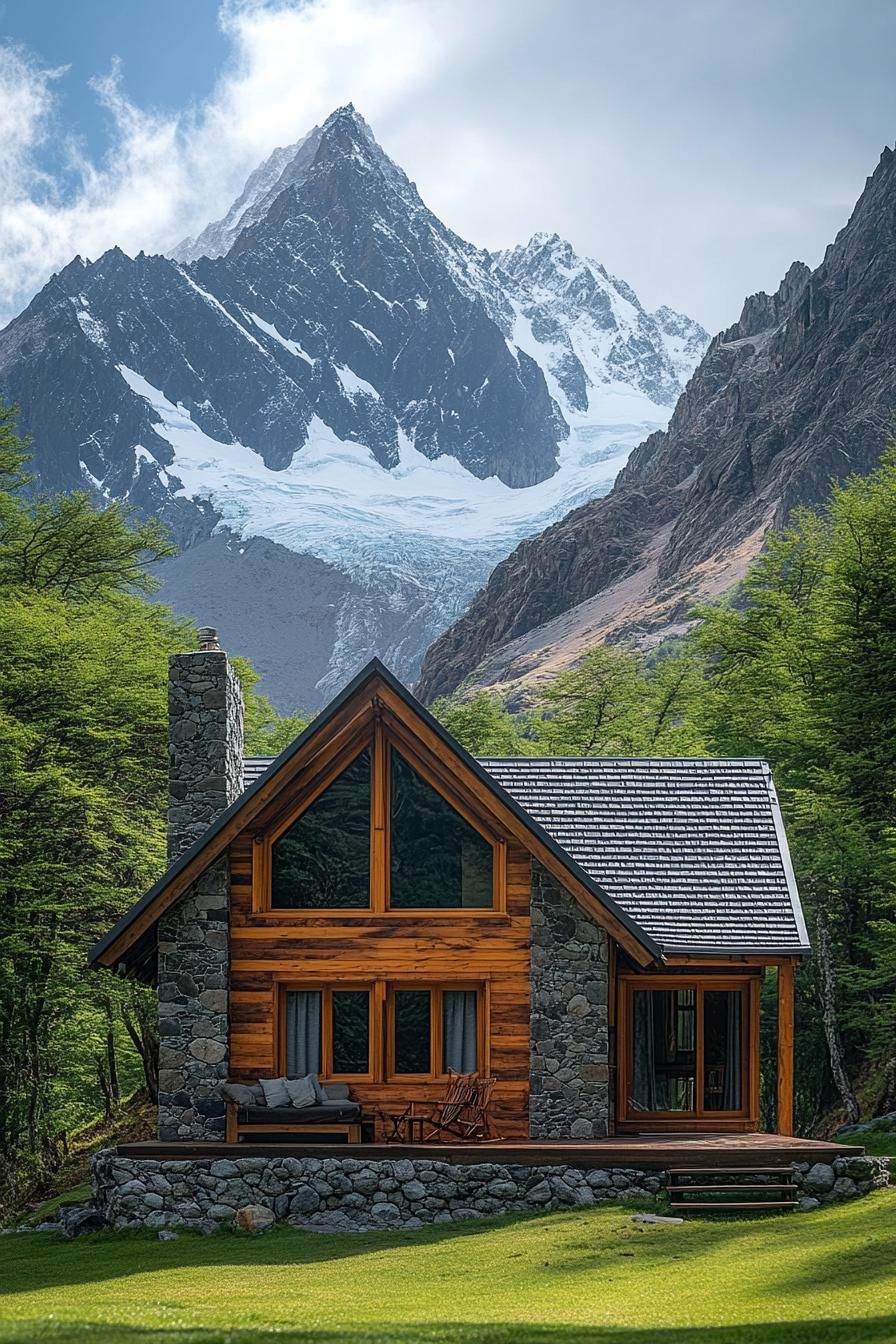 A modern cabin nestled in lush greenery and mountains