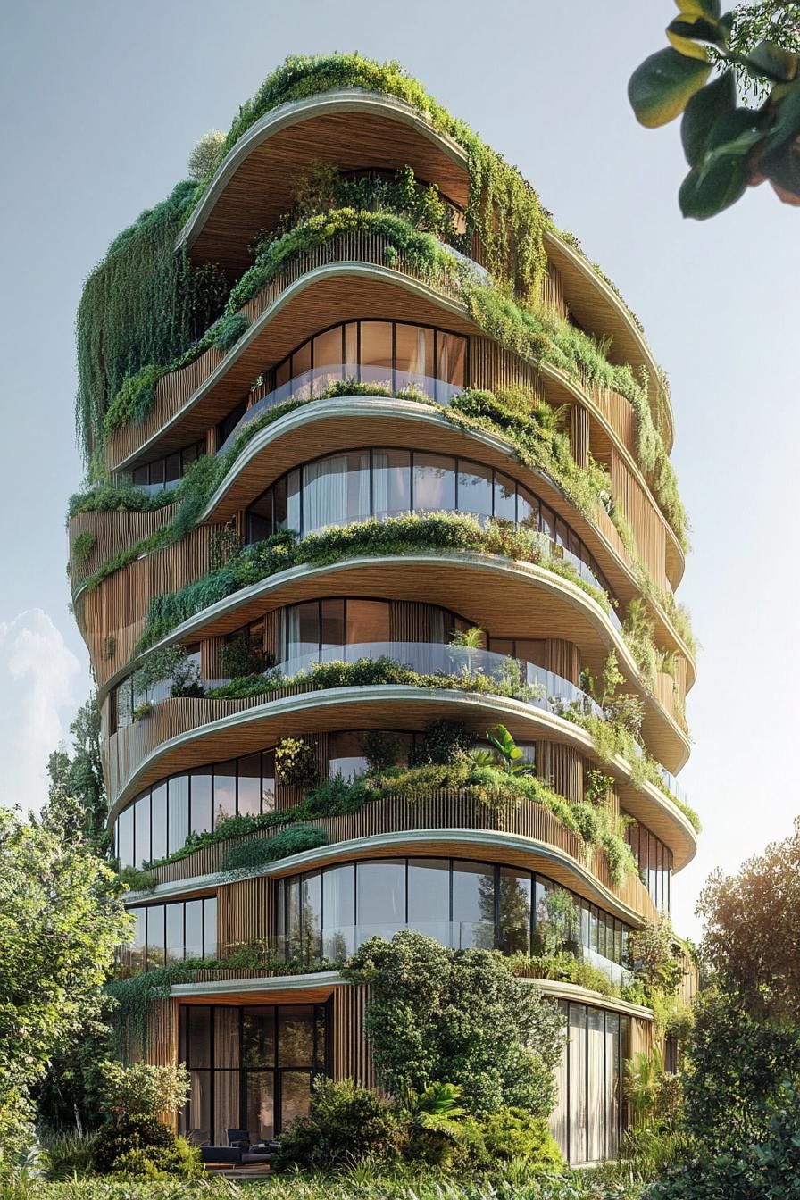 curved modern residential building with bamboo details and green living wall sections 1