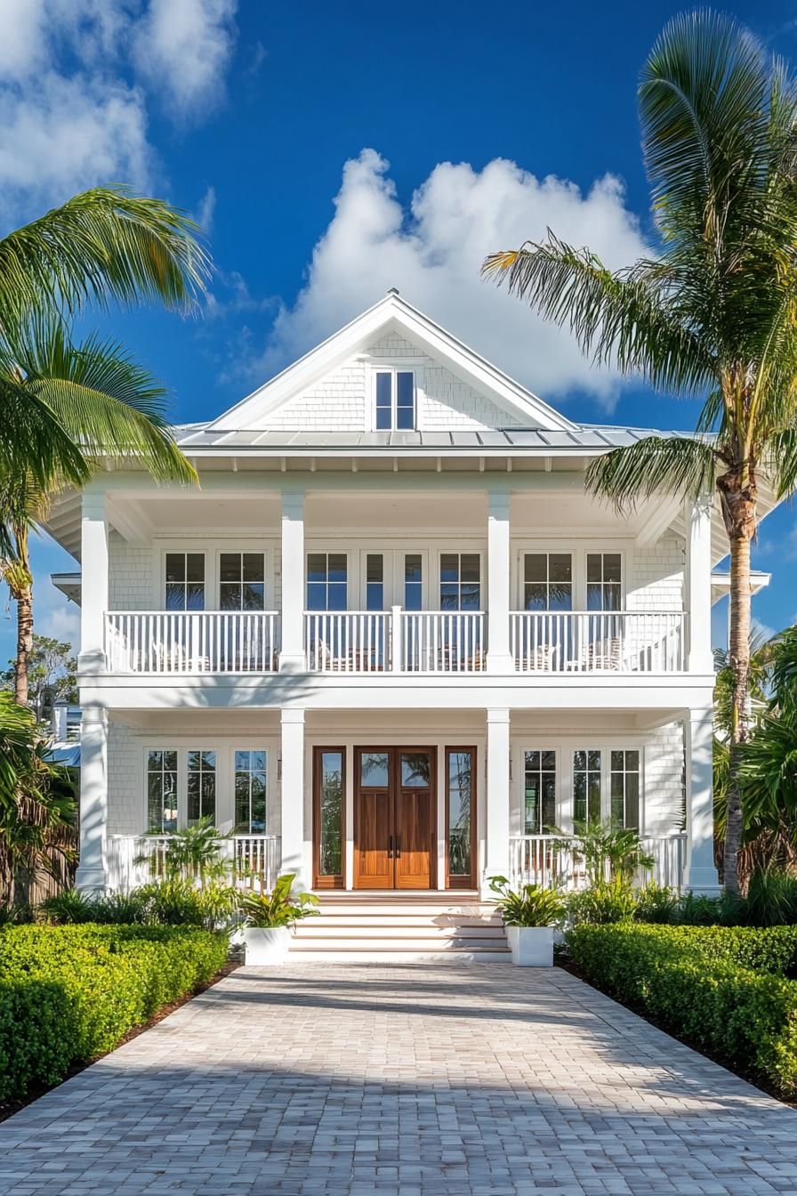 Elegant coastal house with palm trees and bright blue sky