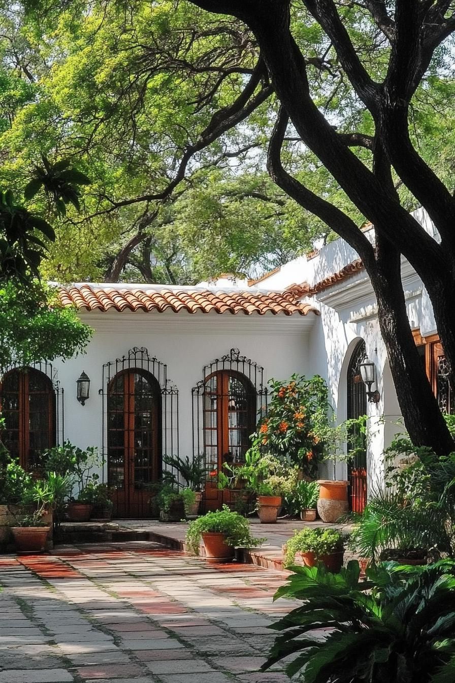 White-walled home surrounded by greenery and terracotta tiles