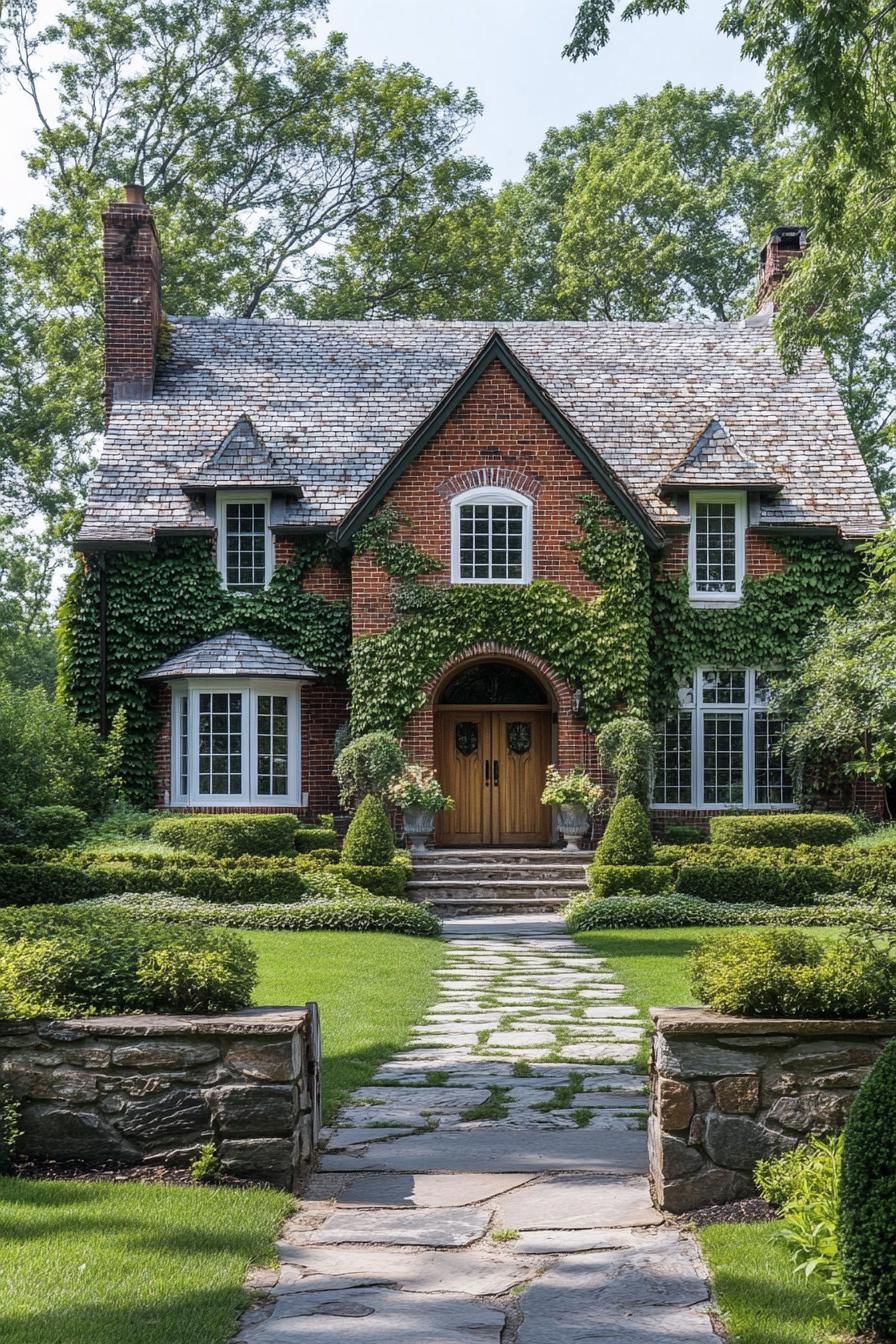 Brick cottage with lush greenery and welcoming entrance