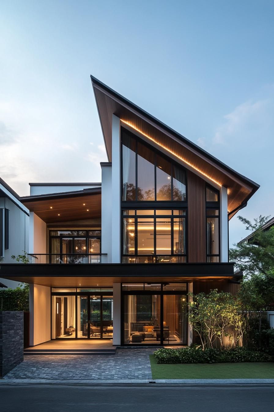 Modern Thai house with tall windows and a sloped roof