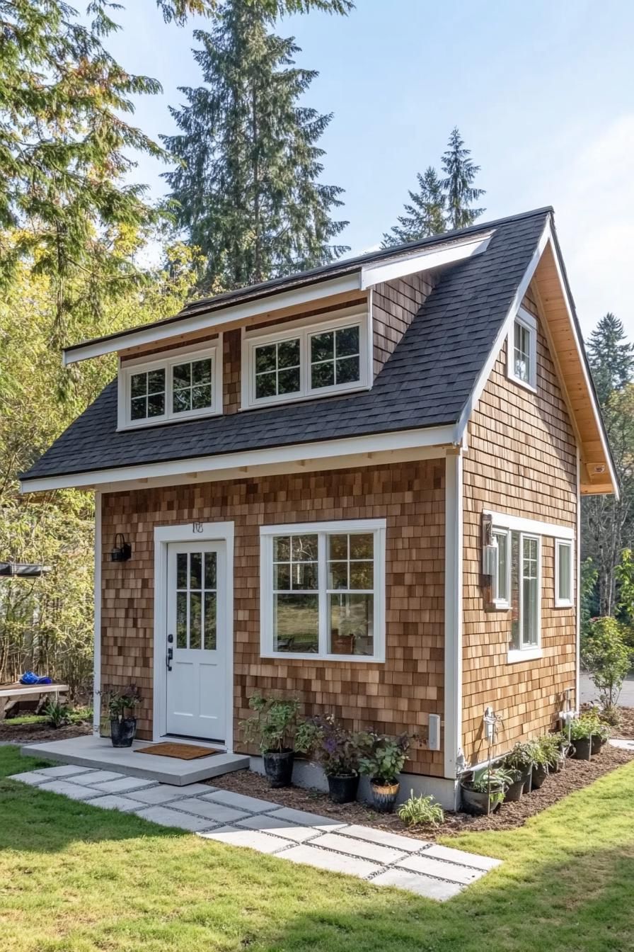 Charming wooden shed house in a forest setting