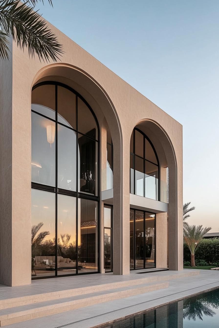 Modern house with large arched windows reflecting the sunset near a pool