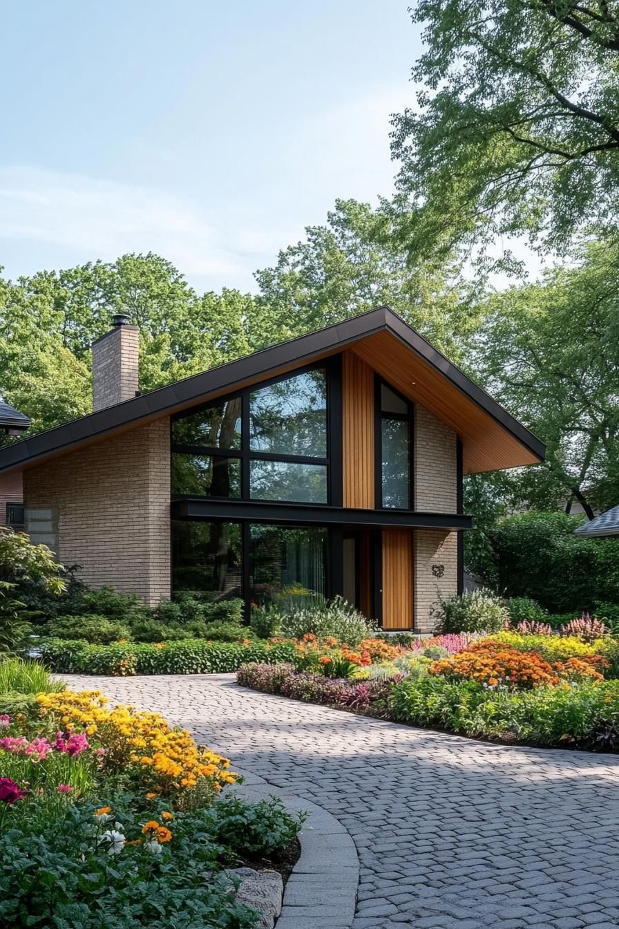 Modern A-frame house with a lush garden