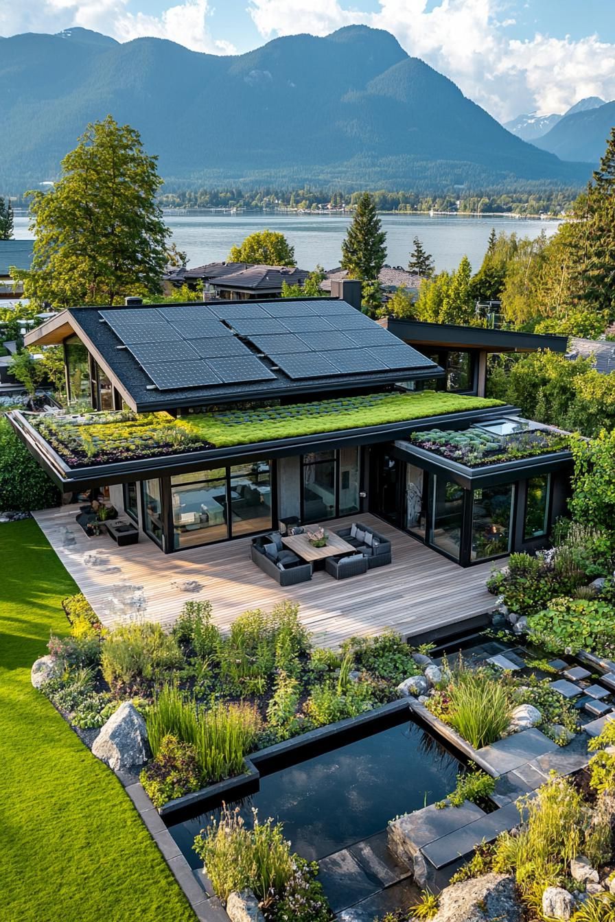 aerial view of a modern sustainable house with gabled green living roof with solar panels full wall windows large deck with built in gardens pond