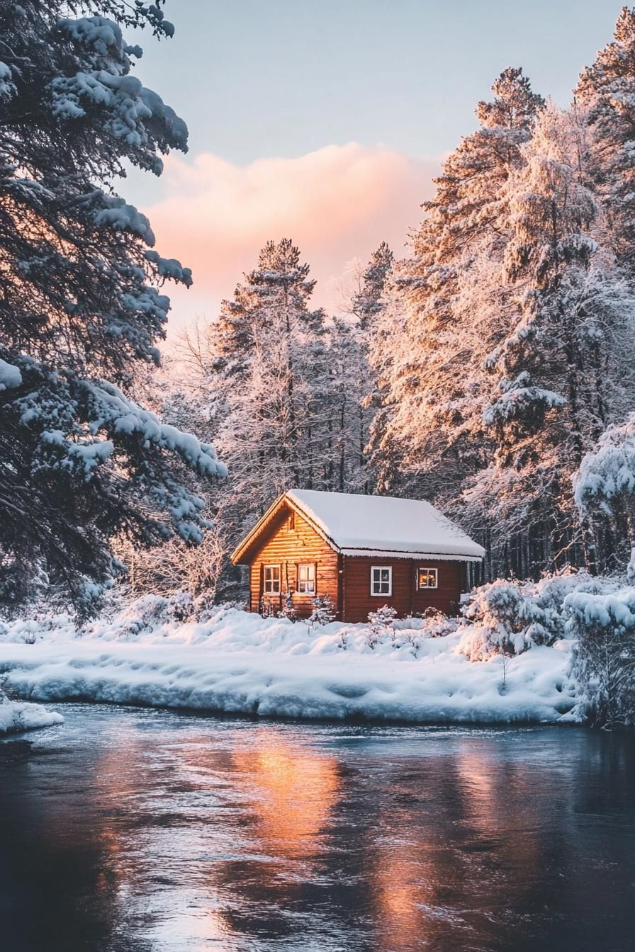 forest chalet by a river in winter with stunning snowed in forest during sunset 1