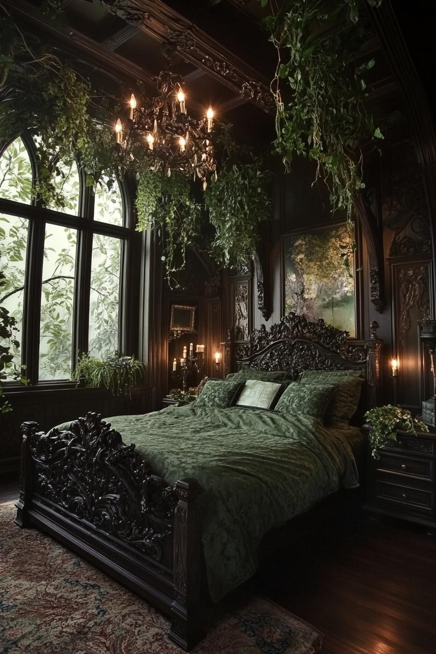 Dark wood bedroom with green bedding and hanging plants