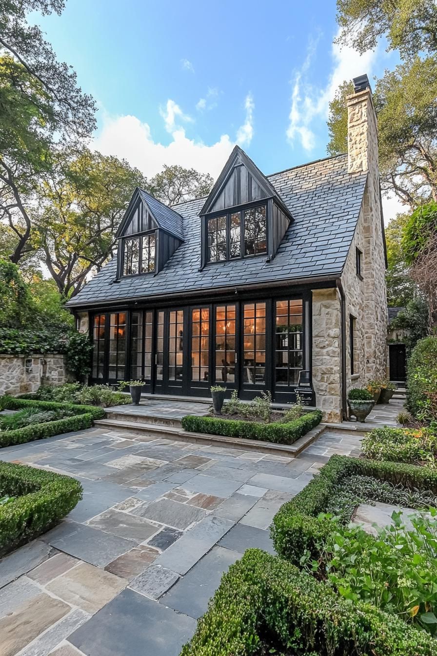 Charming stone cottage with black accents and lush garden