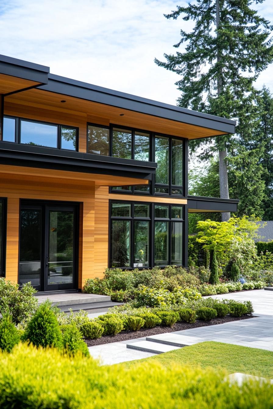 modern house with multi shade timber cladding large modern windows with black trim paved yard with geometric shrubs