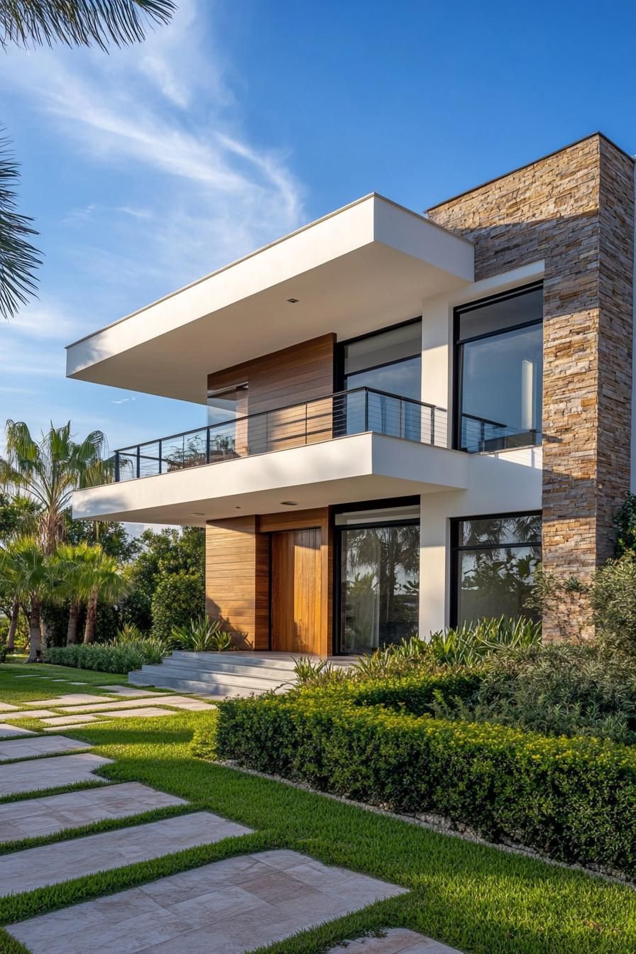 A modern two-story house with stone and wood accents surrounded by greenery