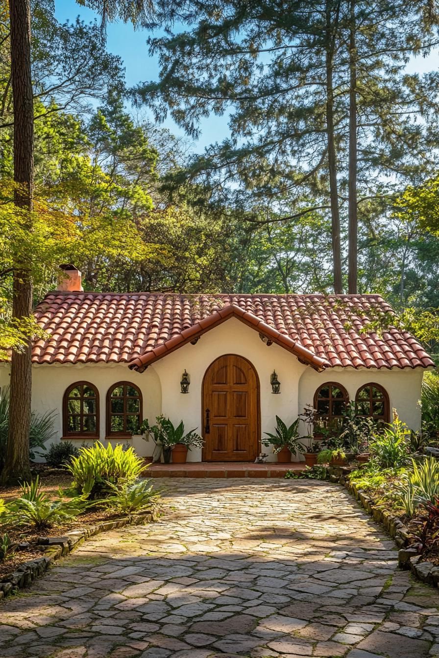 Charming Spanish bungalow with terracotta roof surrounded by lush greenery