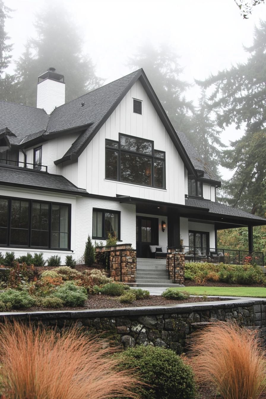 Modern Tudor house with black roof and large windows in a foggy setting