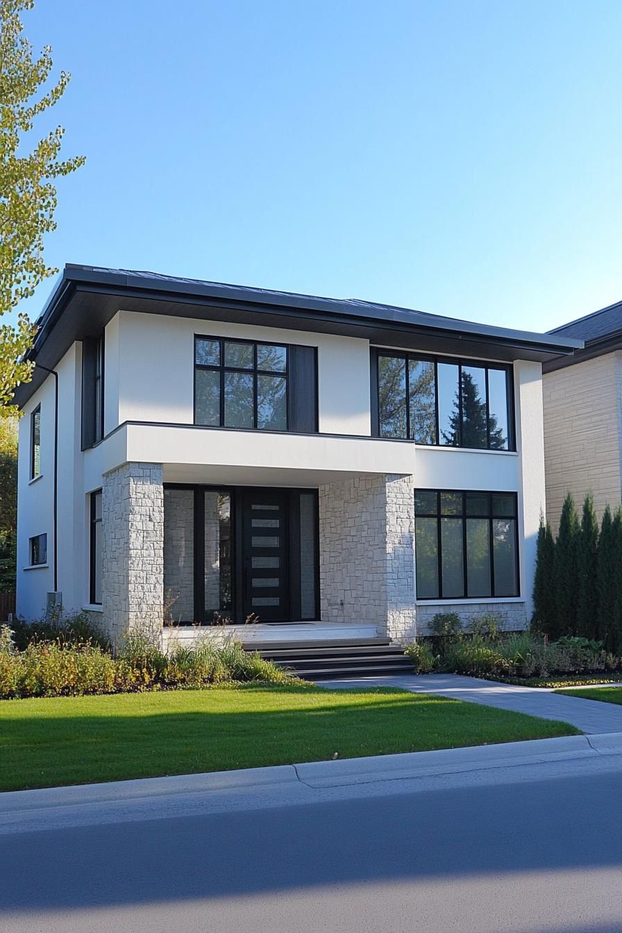 Modern suburban house with large windows and stone facade