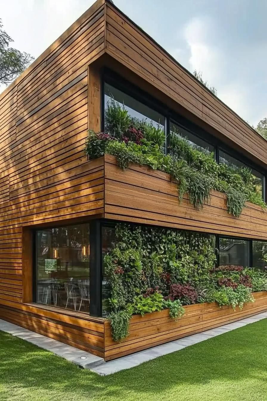 Wood-themed house with abundant greenery