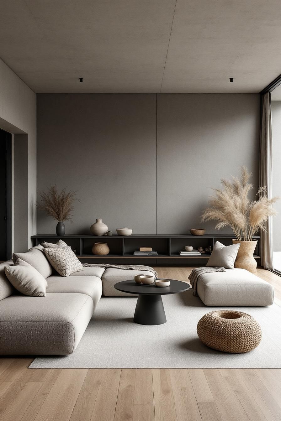 Minimalist living room with neutral tones and natural accents