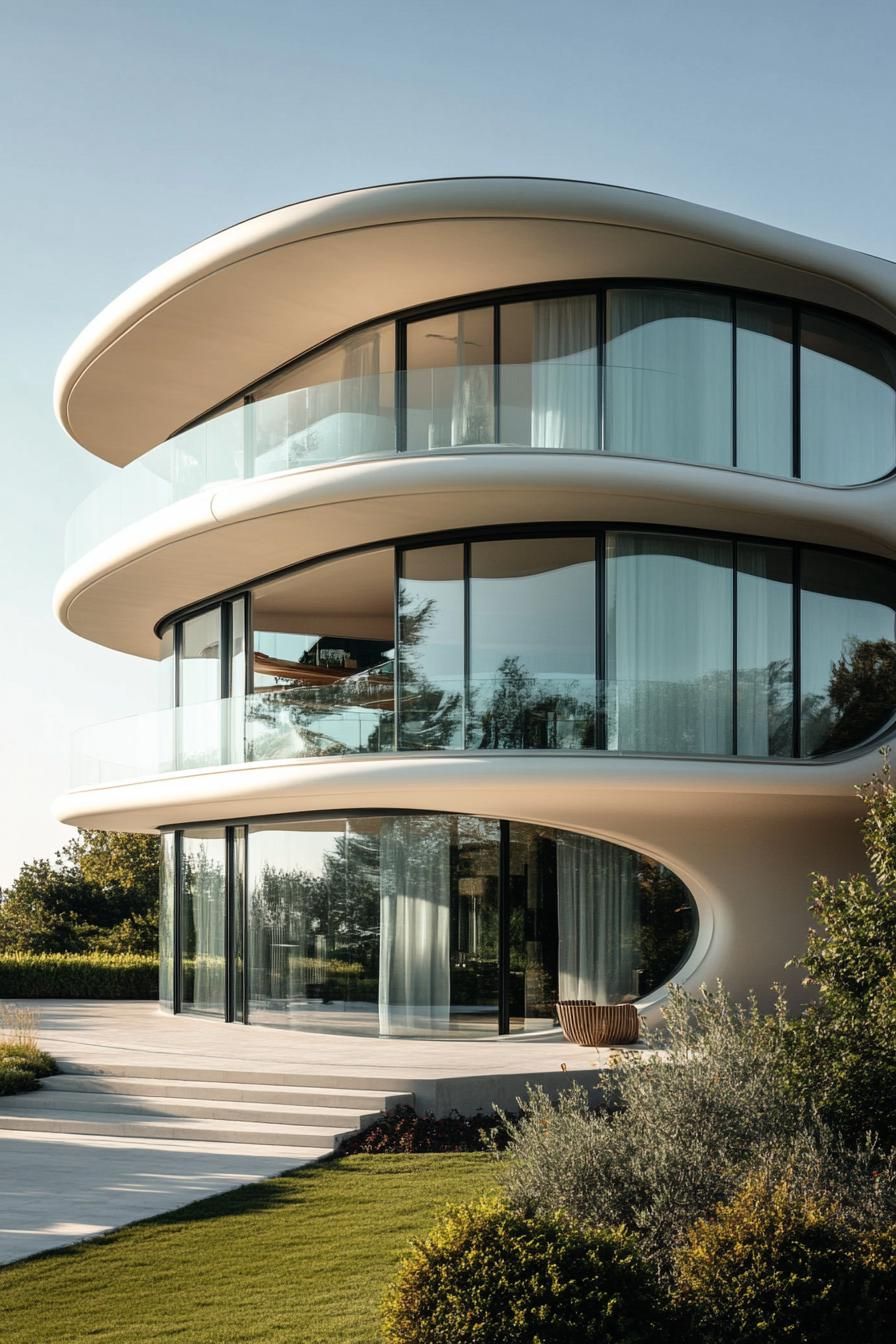 A sleek, modern multi-story house with curved glass facades