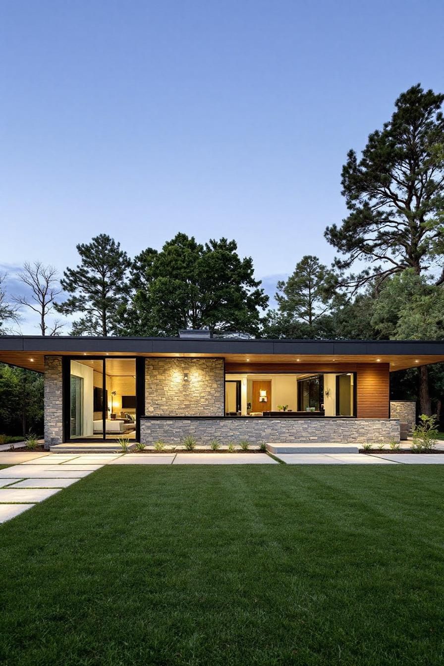 Modern ranch house with a sleek facade and lush yard