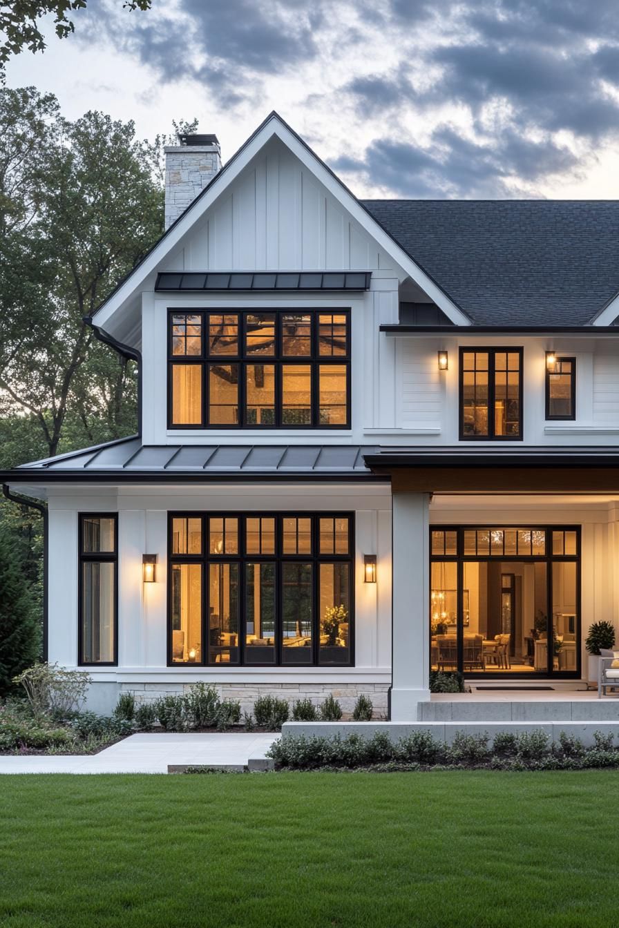 modern farmhouse with white siding white concrete foundation black multi pitched roof windows with black trim porch with natural wood beam posts 3