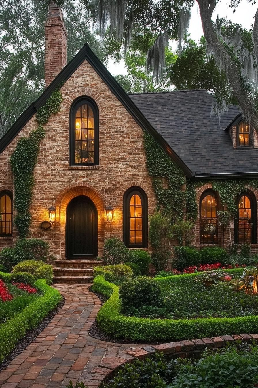 Charming brick home surrounded by lush garden