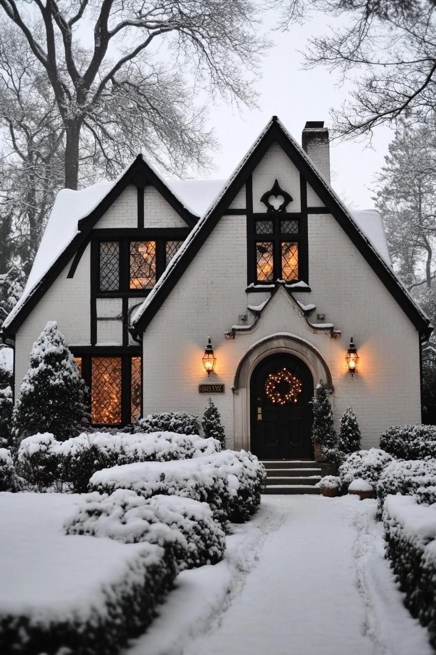 Snow-covered Tudor house with glowing windows