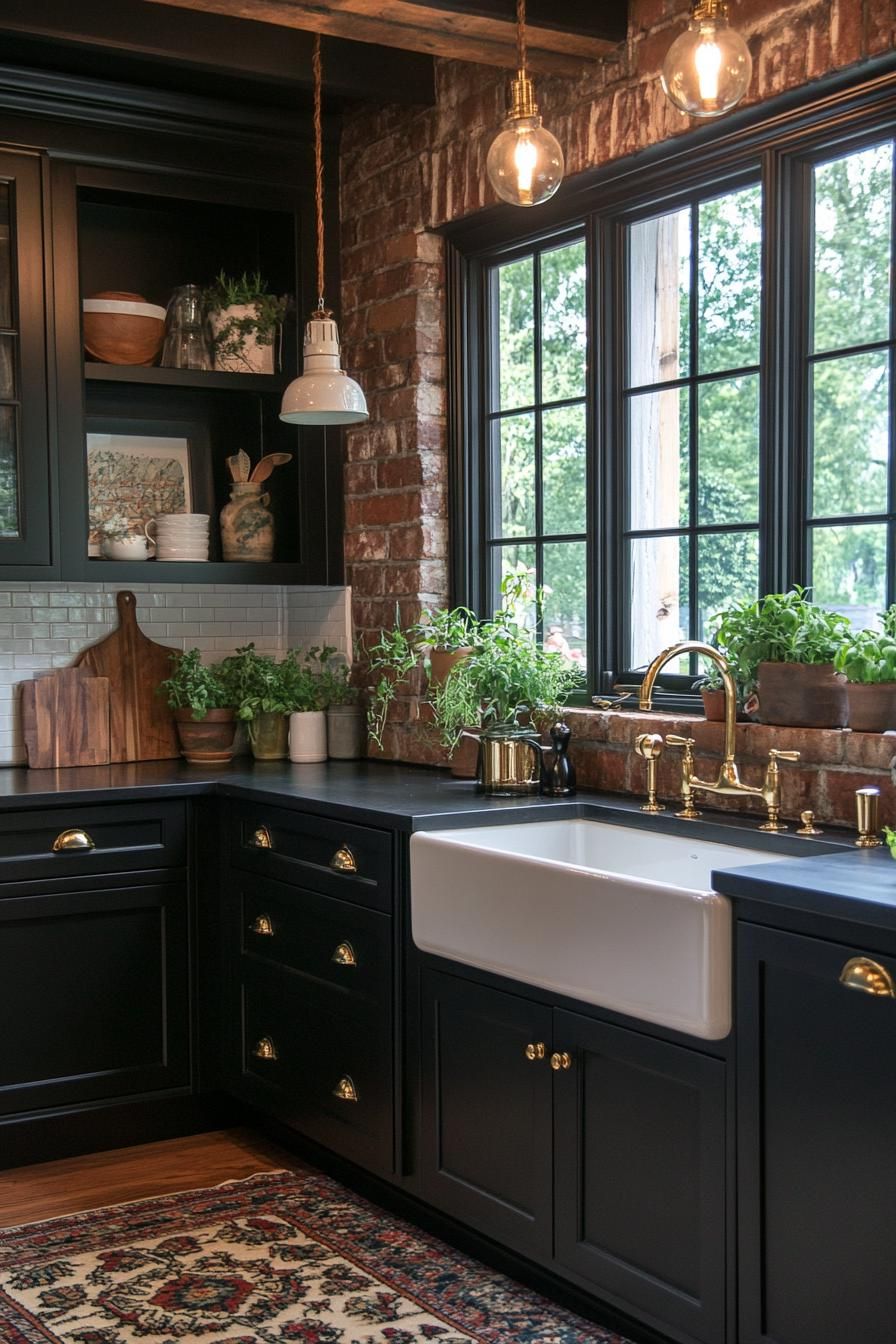 Rustic kitchen with black cabinets and plants