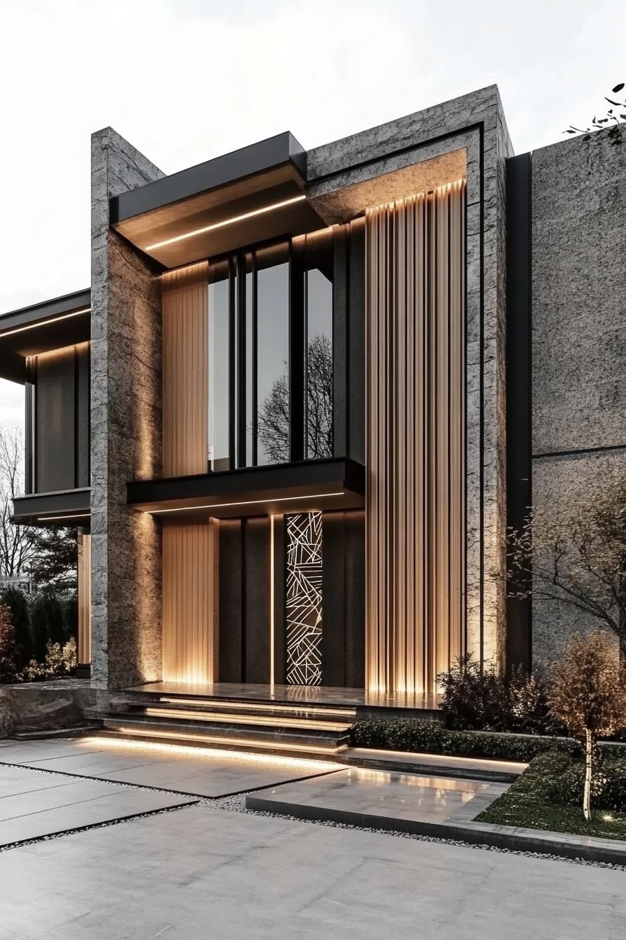 Modern house exterior with intricate lighting