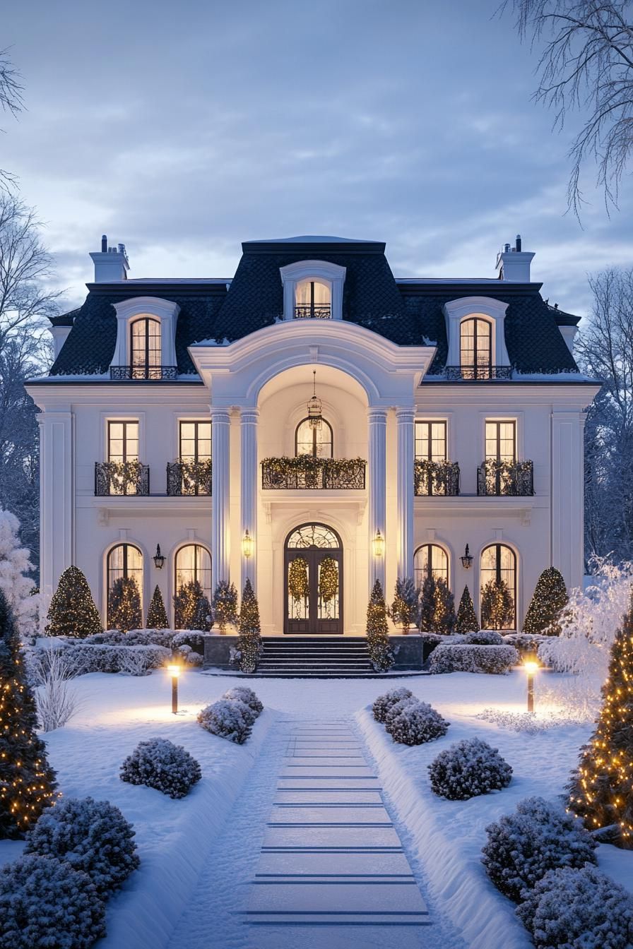 front view of a French mansion in winter white facade with columns and arches black multi pitched roof with dormers large front entrance with 2