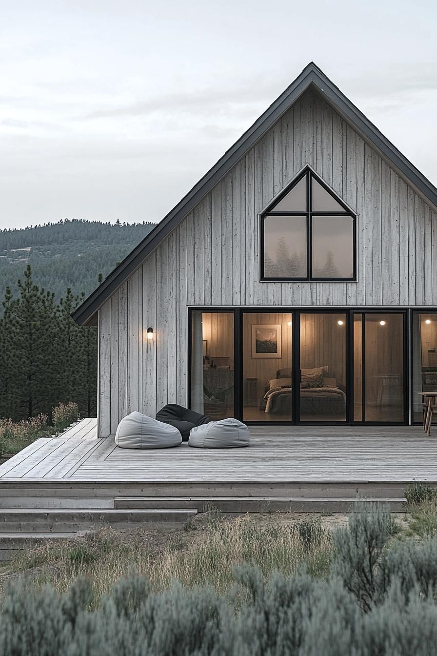 Modern barn house with large windows and deck chairs