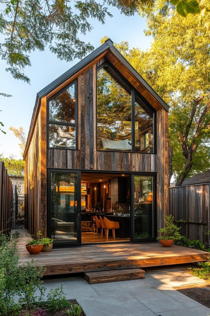 Modern shed house with large windows amidst lush surroundings