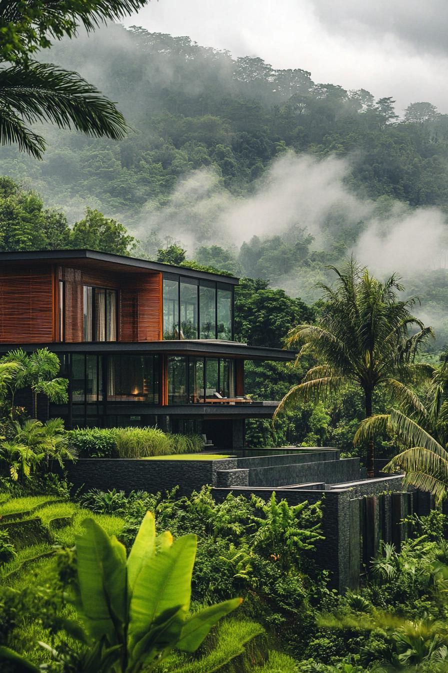 timber clad modern villa in lush tropical landscape with wet rice terraces 2