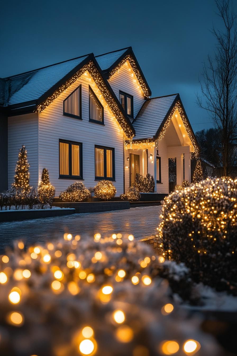 front of a cottage house with white horizontal slat siding bay windows multi pitched roof lined with fairy lights the facade and front yard shrubs