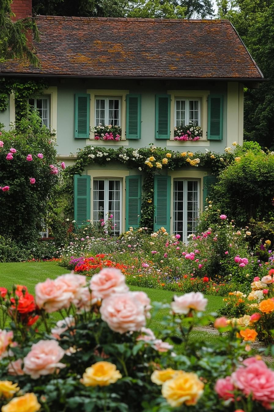 two story countryside house with shutter windows lush flower garden with blooming roses in front