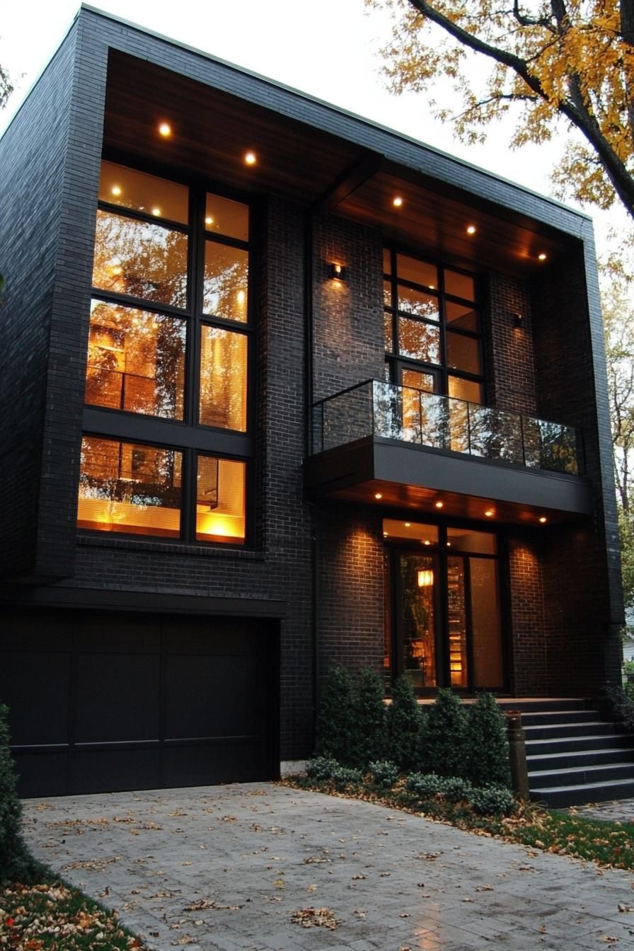 modern villa design in dark slate brick siding tall planked dark wood accent panels tall full glass atrium windows dark wood eaves with LED lights 1