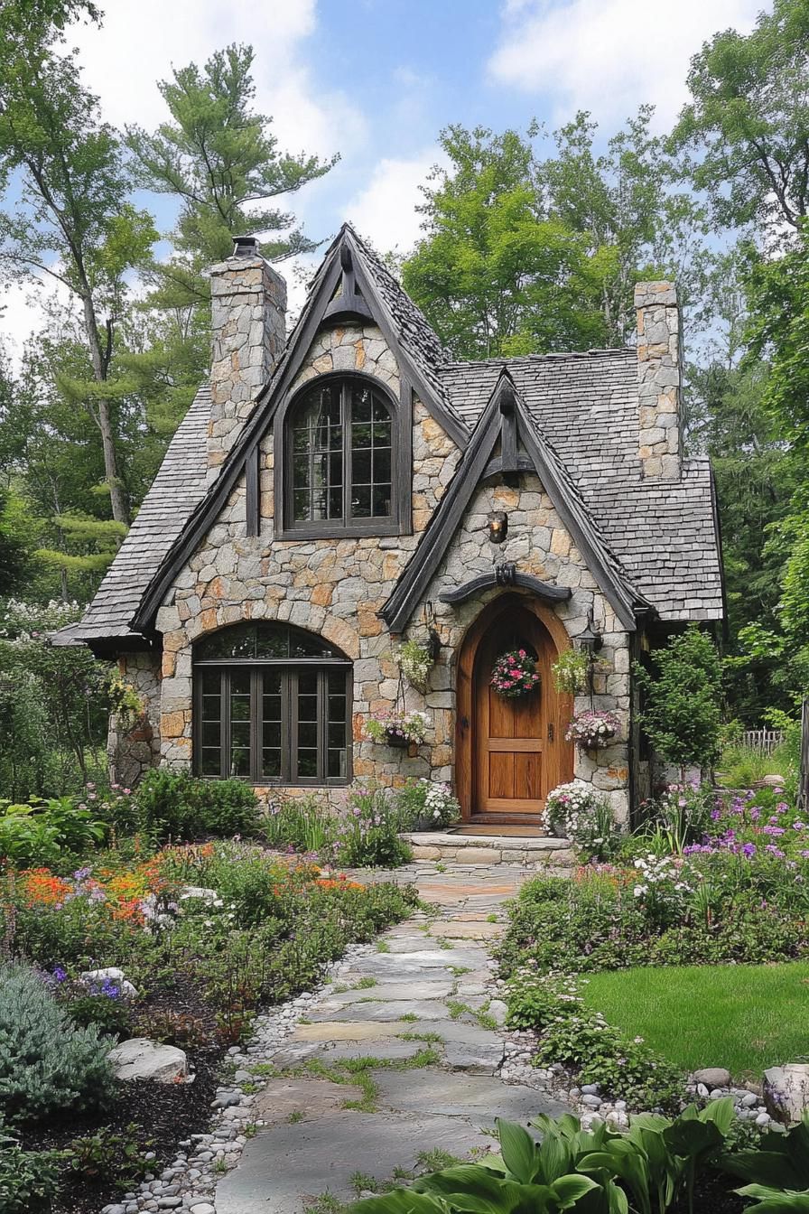 Quaint stone cottage surrounded by vibrant garden