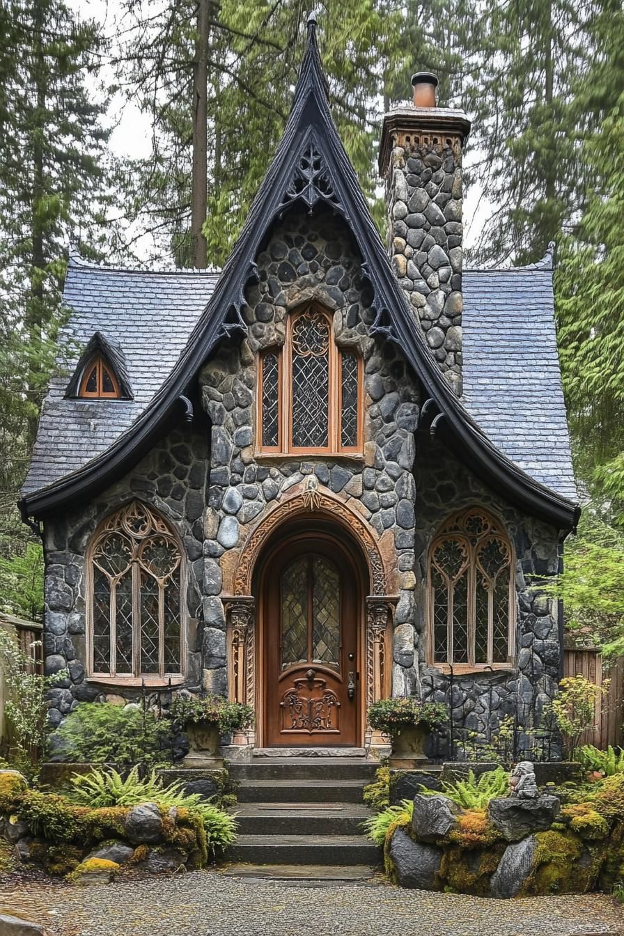 Gothic stone cottage with ornate windows and arched doorway