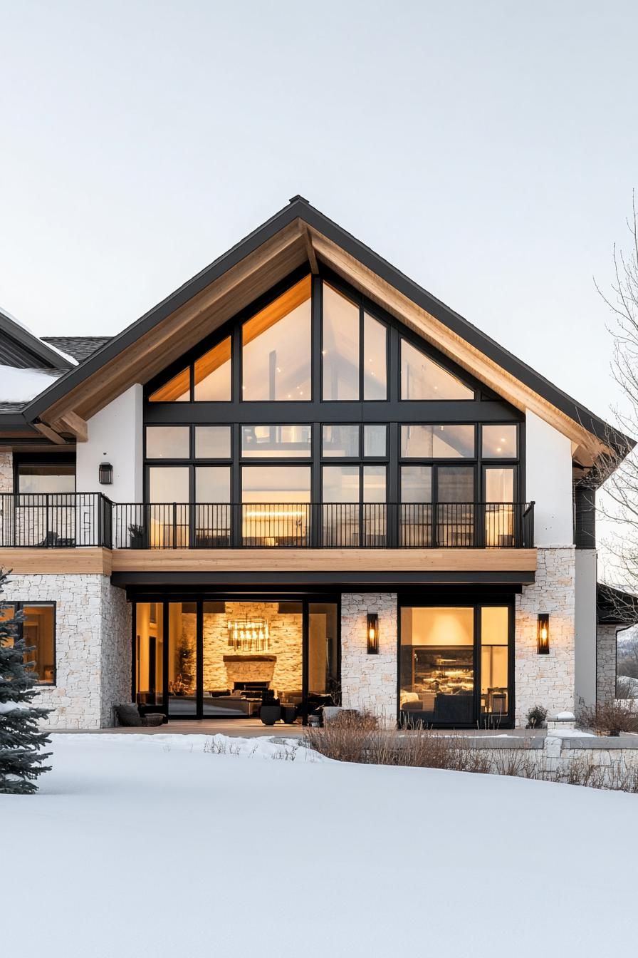 Snowy modern home with large glass windows and stone features