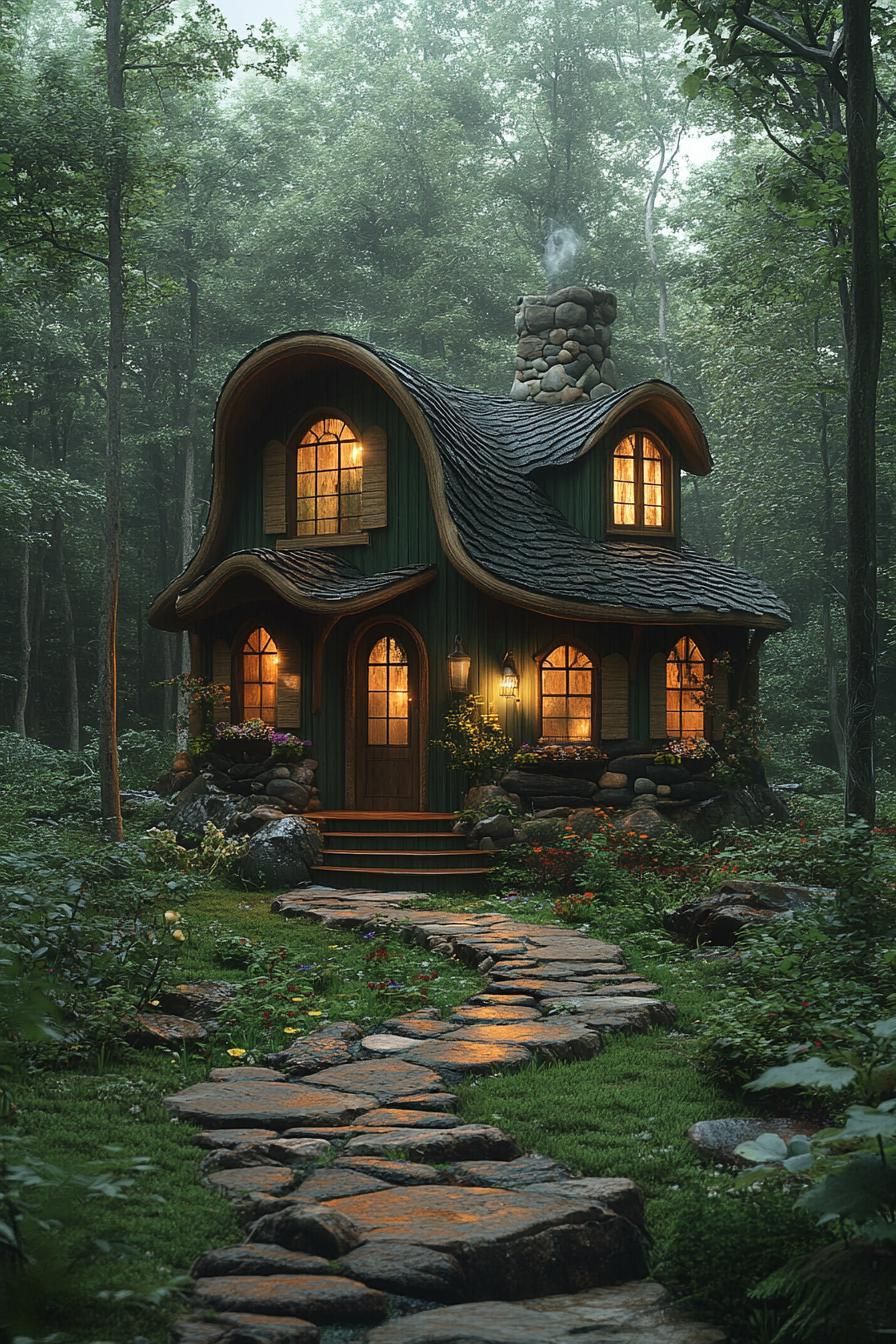 Charming little house with glowing windows nestled in a lush forest