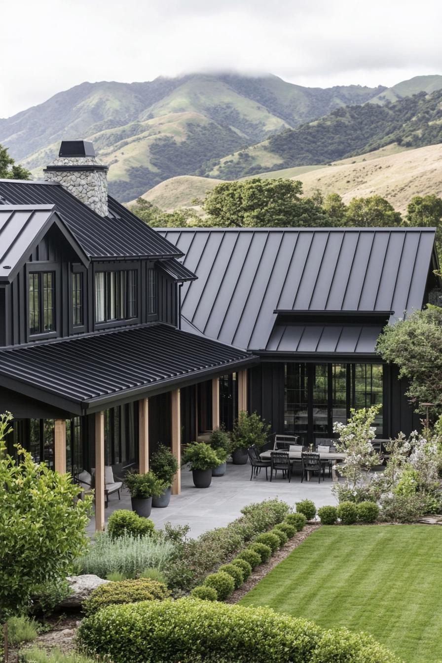 high angle view of a black modern farmhouse with black metal multi pitch roof large porch with wood beam posts courtyard with shrubs and garden