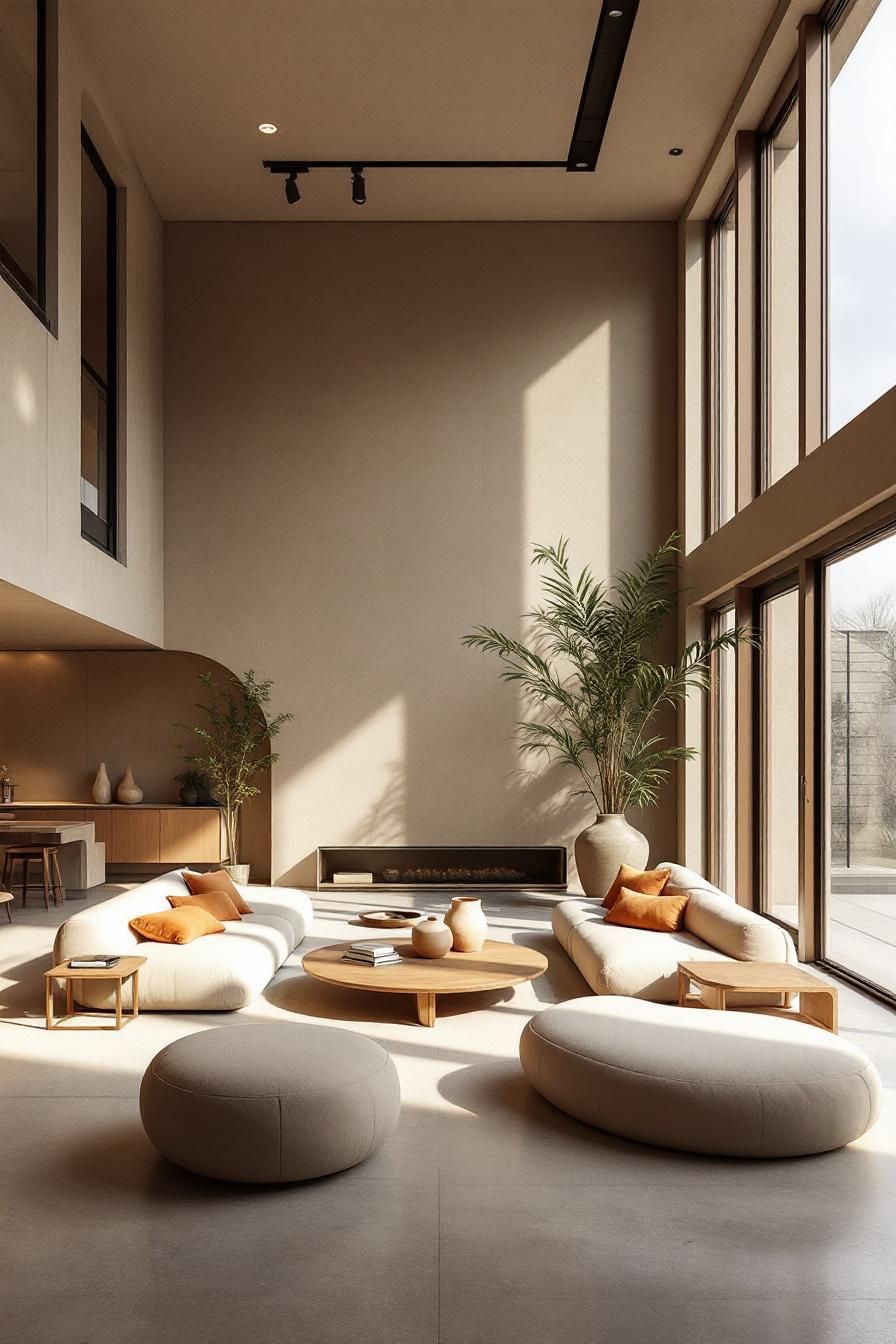 Minimalist living room with natural light and earthy tones