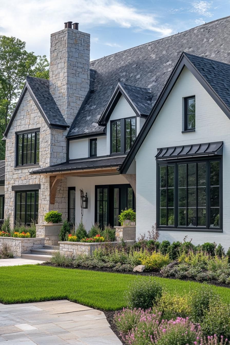 modern european cottage house with left side white stucco siding right side stone mosaic siding roof with multiple pitches and gables and a stone