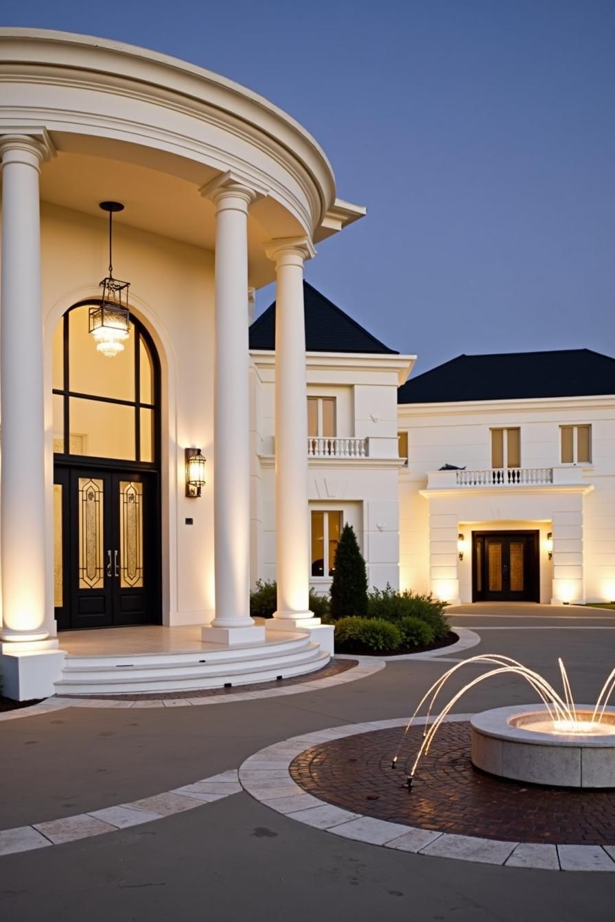 Grand entrance of a modern mansion with tall columns and a decorative fountain