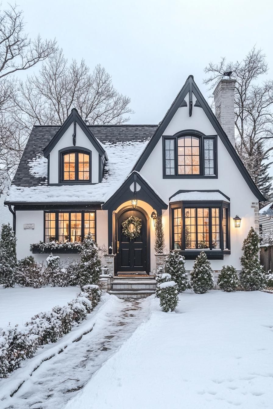 modern cottage with white siding and dark grey tudor style detailing arched porch and entry door with a wreath large windows in white trim snow on 2