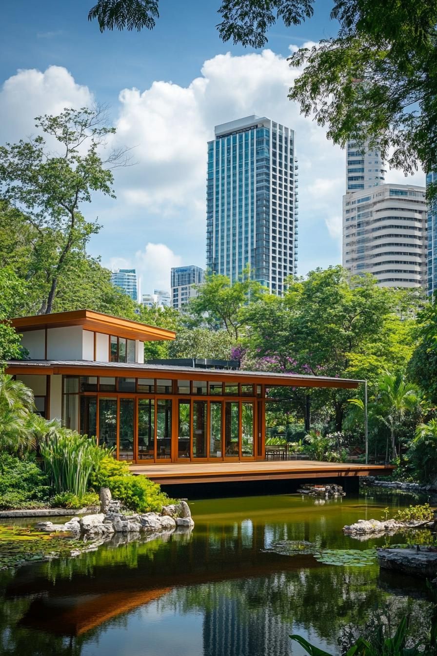 Modern Thai house by a tranquil pond, surrounded by greenery