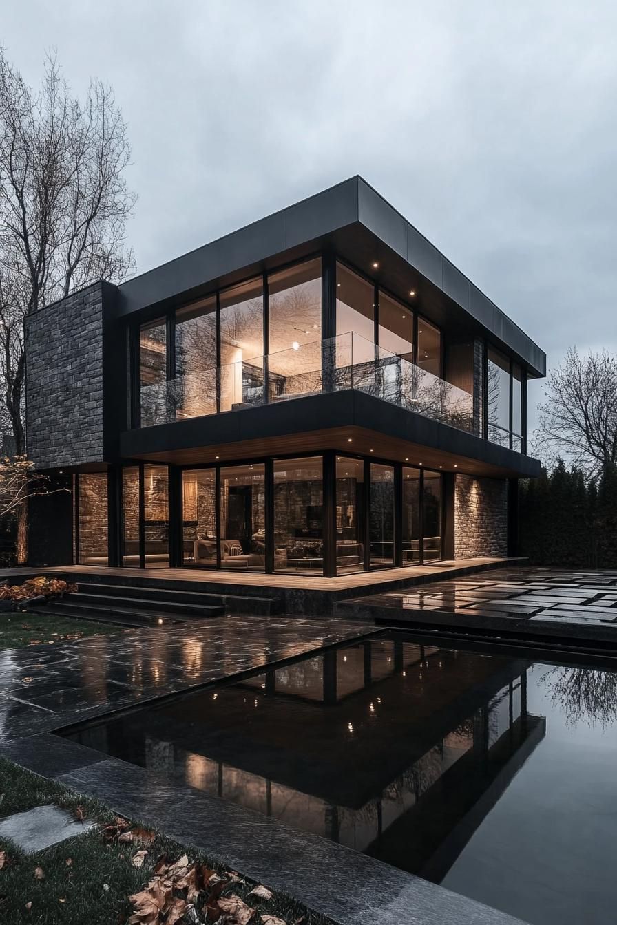 Modern glass house with stone accents surrounded by trees and a reflecting pool