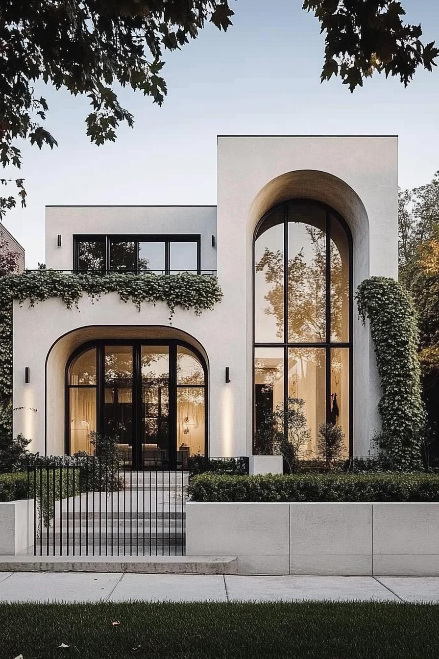 modern concrete villa with white stucco siding front arched windows and entryway vines on arches large modern windows in black trim front concrete 6