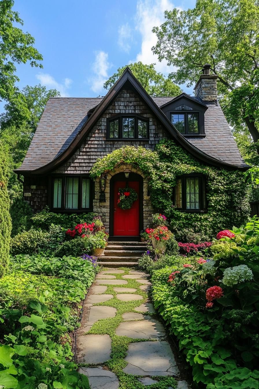 Charming cottage with ivy-covered facade and bright red door