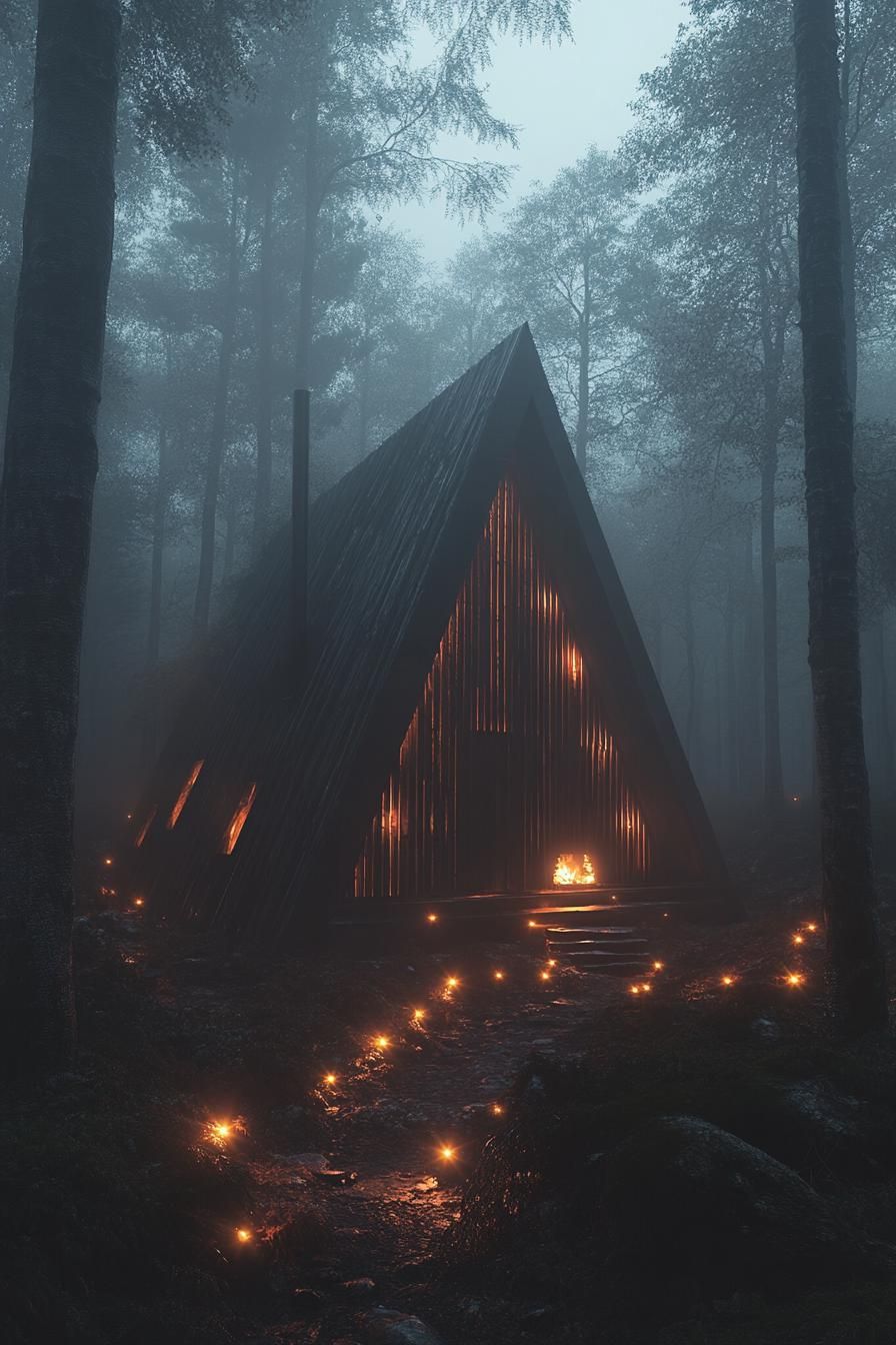 A cozy A-frame cabin in a misty forest with glowing lights