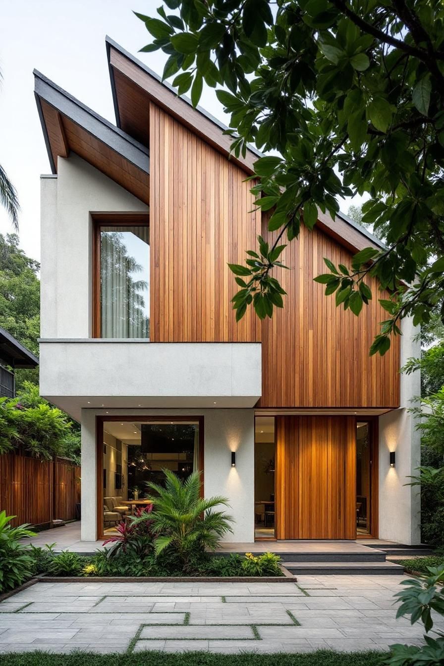 Modern house with wood paneling and lush surroundings