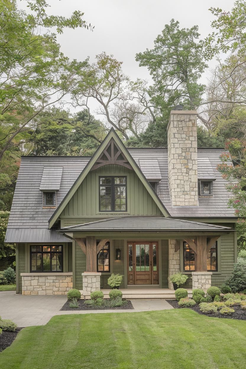 Stone and green cottage surrounded by trees